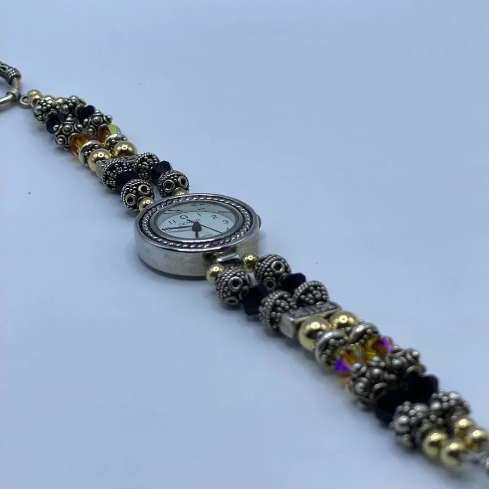 Geneva Boho Silver Gold Beaded Bracelet Watch Toggle Clasp Mixed Metal - 7.5
